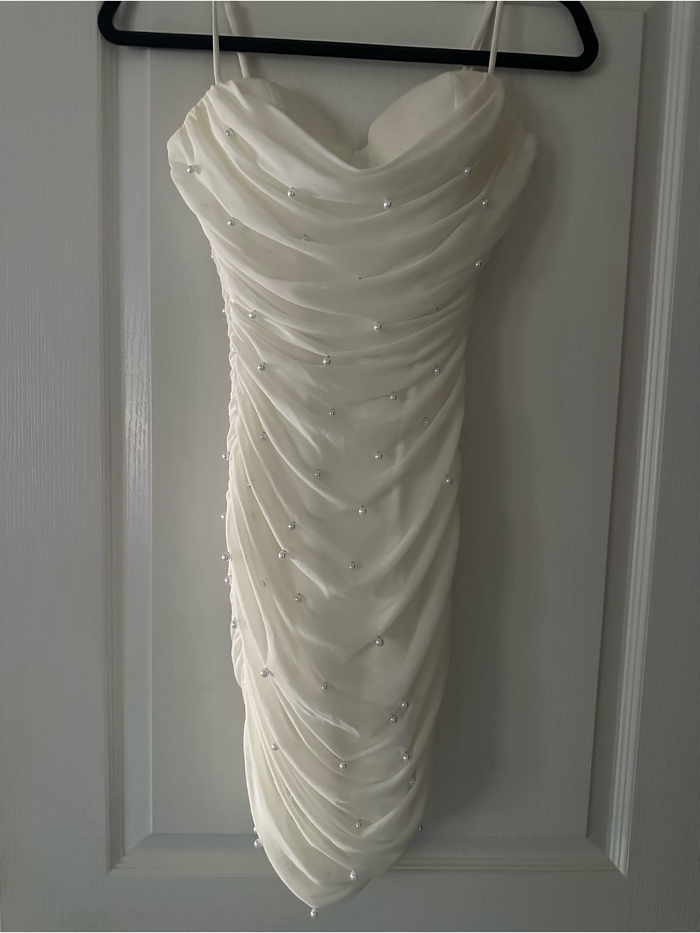 Windsor Cream Pearl-Embellished Ruched Spaghetti-Strap Midi Dress